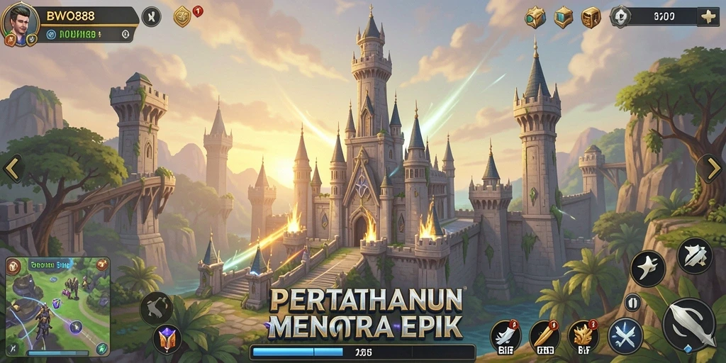 Tangkapan layar permainan BWO888 menampilkan aksi menara mempertahankan markas.
