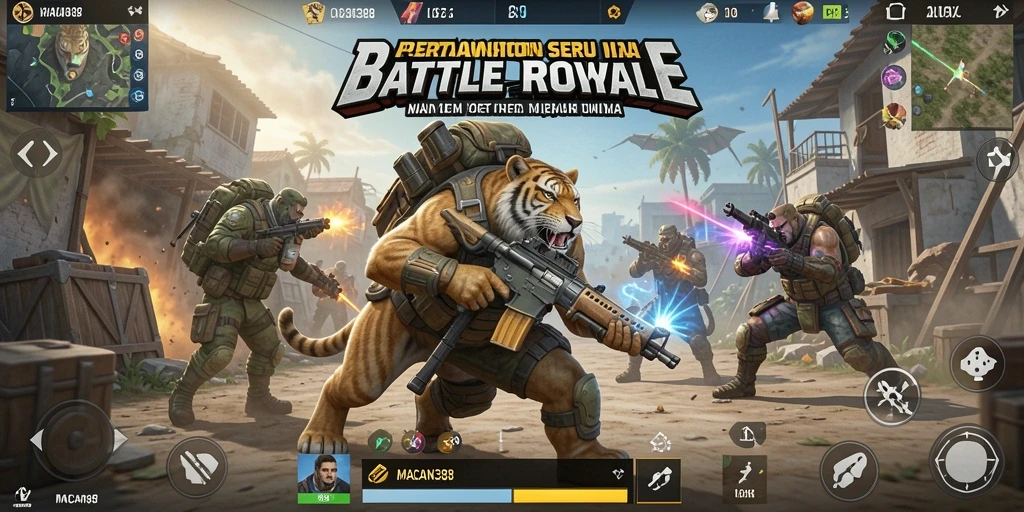 Tangkapan layar utama MACAN388 yang menunjukkan aksi pertempuran Battle Royale yang mendebarkan.