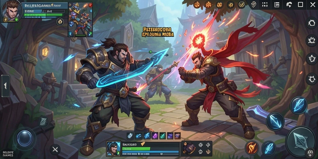 Screenshot gameplay <strong>REJEKIGAMES</strong> yang menggambarkan aksi seru dalam pertarungan MOBA.