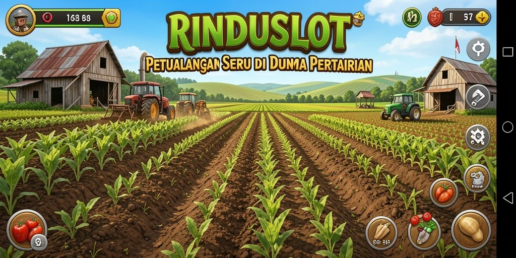 Screenshot RINDUSLOT menampilkan landscape pertanian yang indah dan gameplay interaktif.